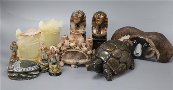 Group of soapstone carvings and other collectables